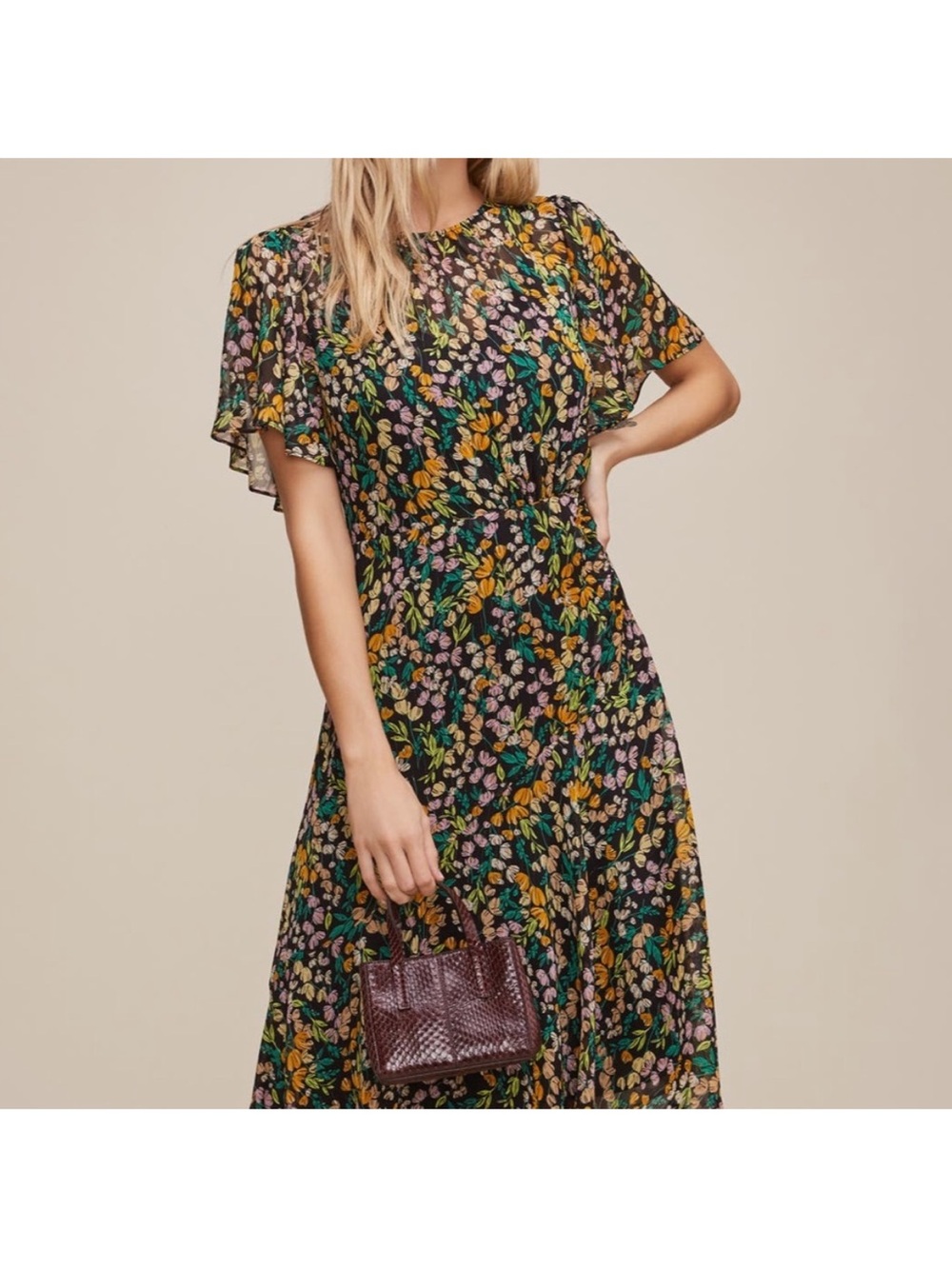 ASTR Black Floral Flutter-Sleeve Midi Pretty Modest Dress